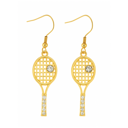 Gold-plated tennis racket rhinestone dangle earrings displayed with tennis ball