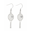 Silver tennis racket rhinestone earrings with sparkling crystal accents