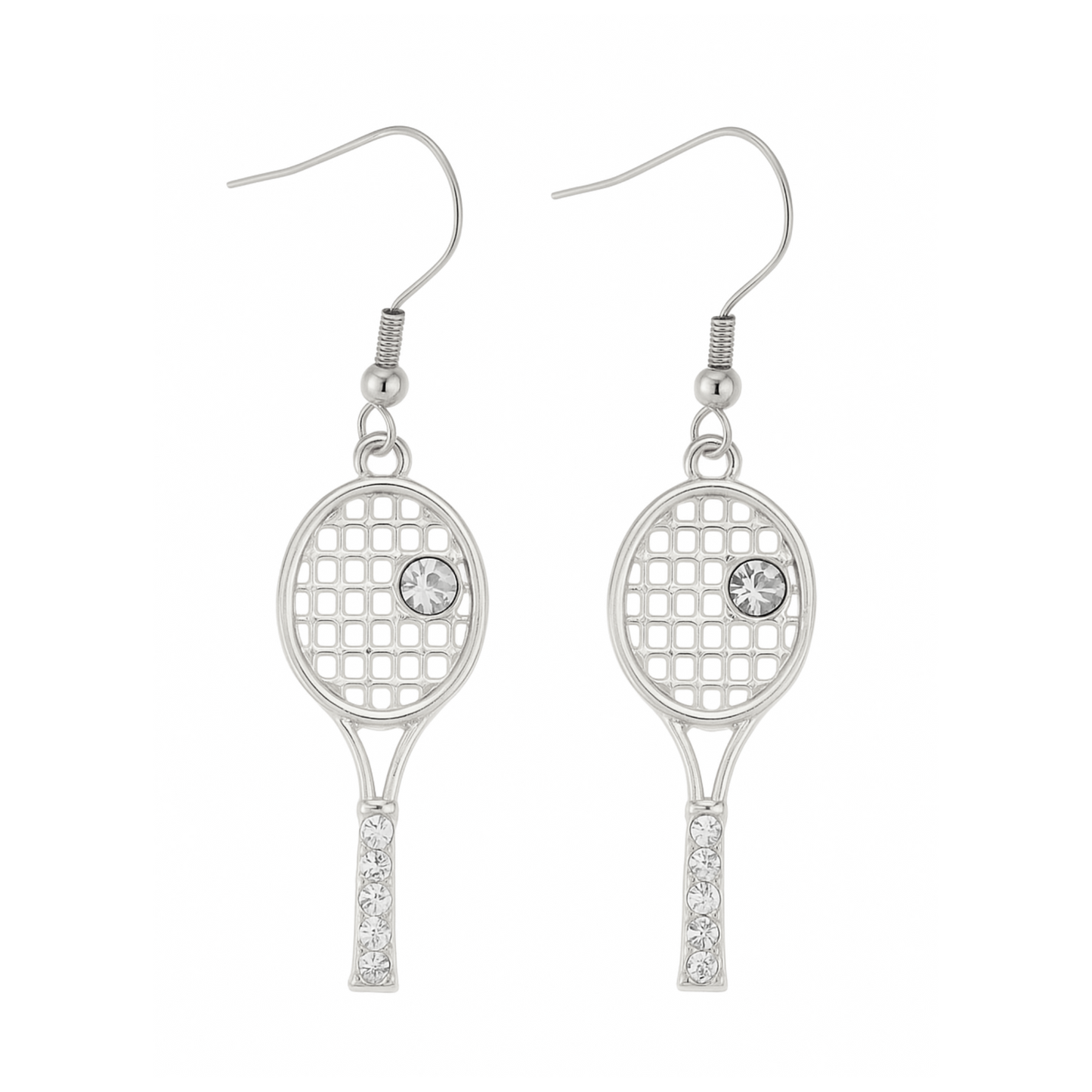 Silver tennis racket rhinestone earrings with sparkling crystal accents