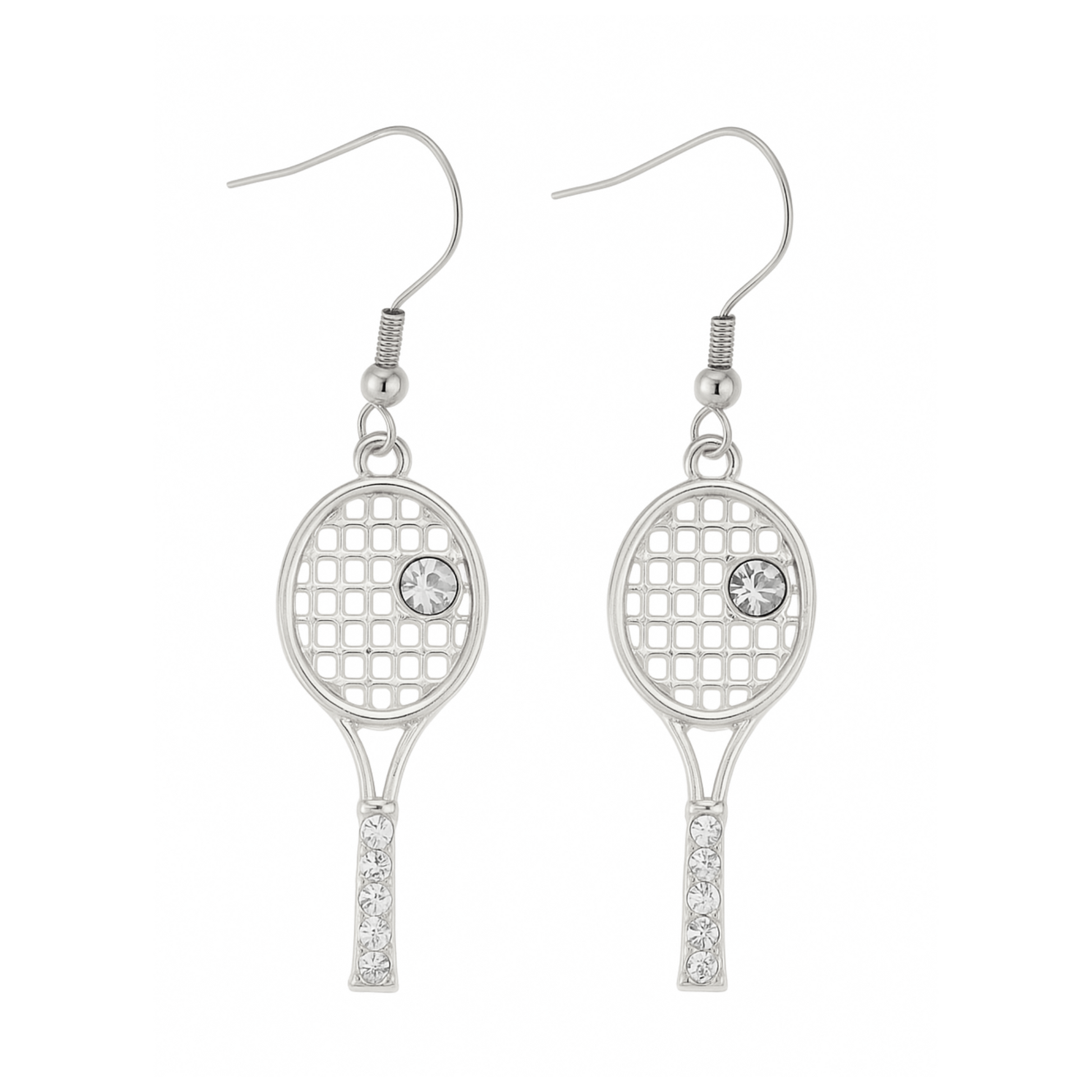 Silver tennis racket rhinestone earrings with sparkling crystal accents