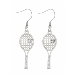 Silver tennis racket rhinestone earrings with sparkling crystal accents