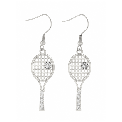 Silver tennis racket rhinestone earrings with sparkling crystal accents