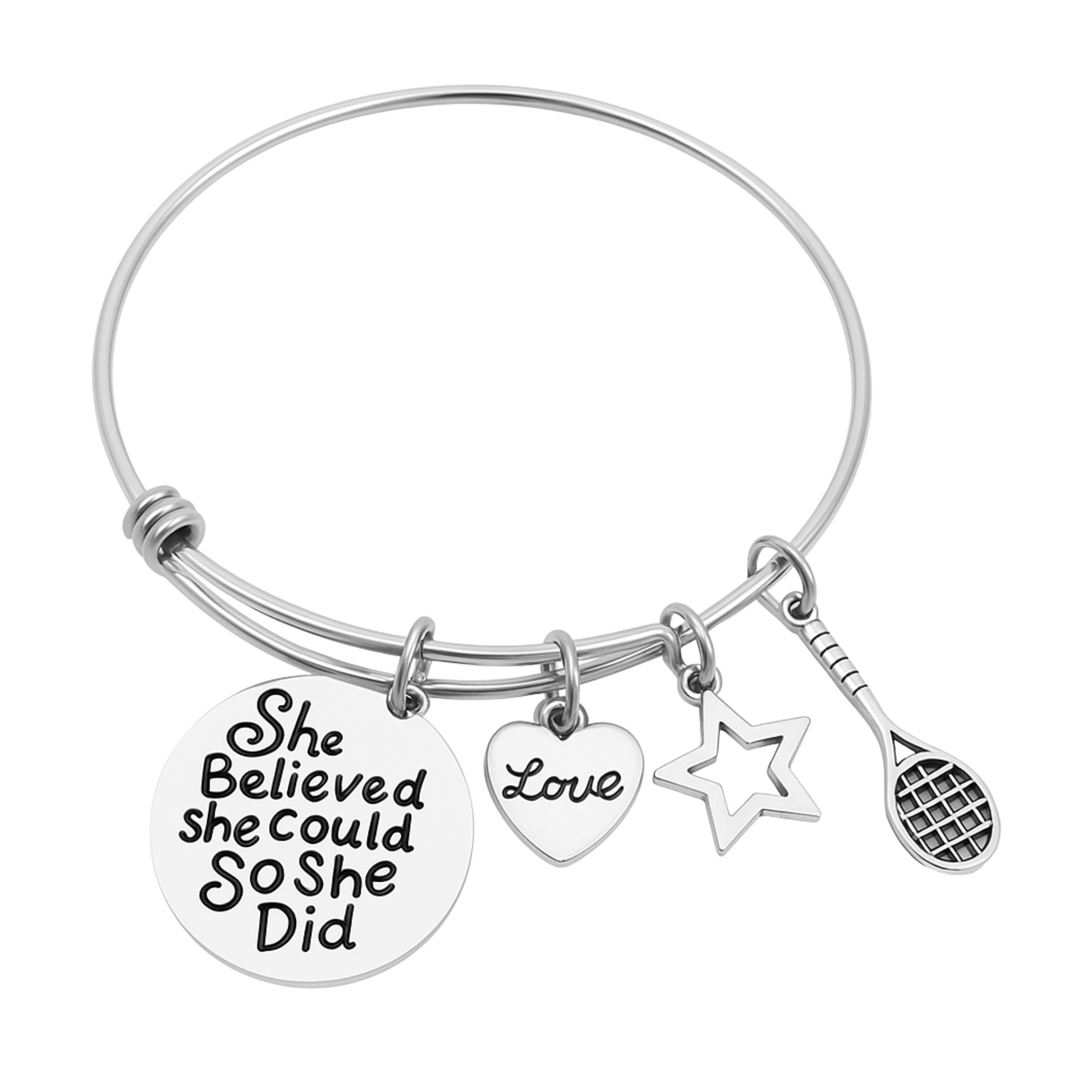 Expandable tennis bracelet with motivational and tennis-themed charms, displayed on a clean white background