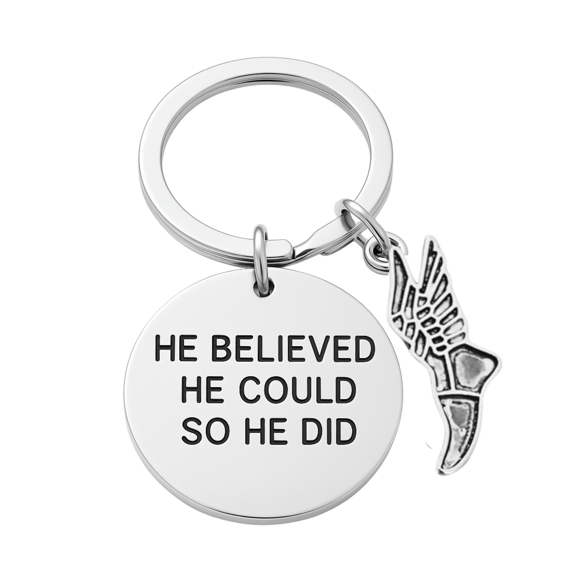 Silver track and field keychain with 'He Believed He Could So He Did' charm and running shoe pendant