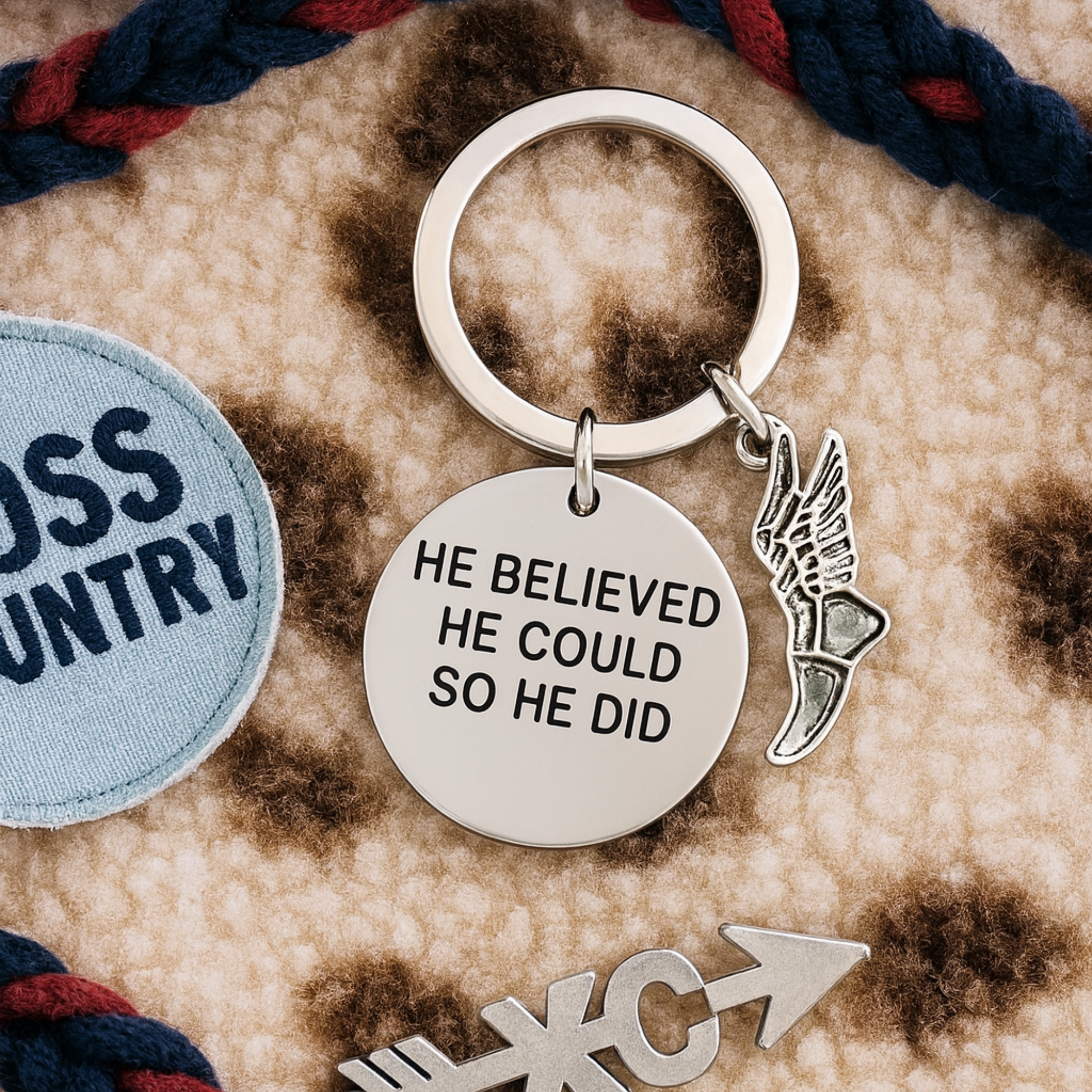 Motivational running keychain with silver charm and running shoe on beige fabric background