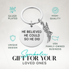 Track and field motivational keychain in Sportybella gift packaging