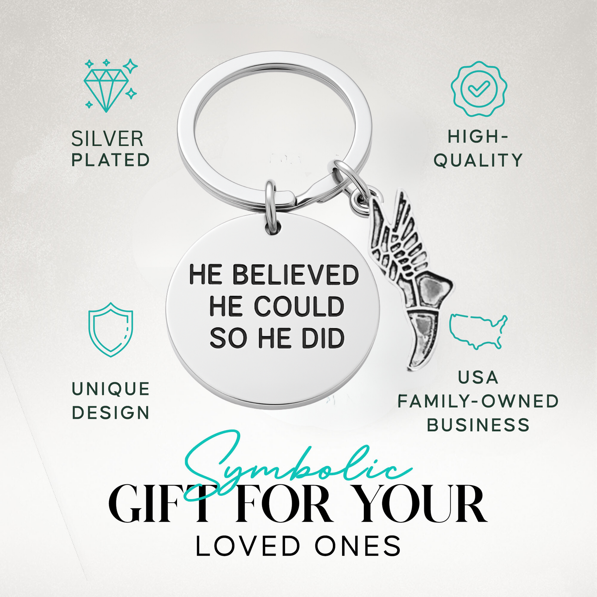Track and field motivational keychain in Sportybella gift packaging
