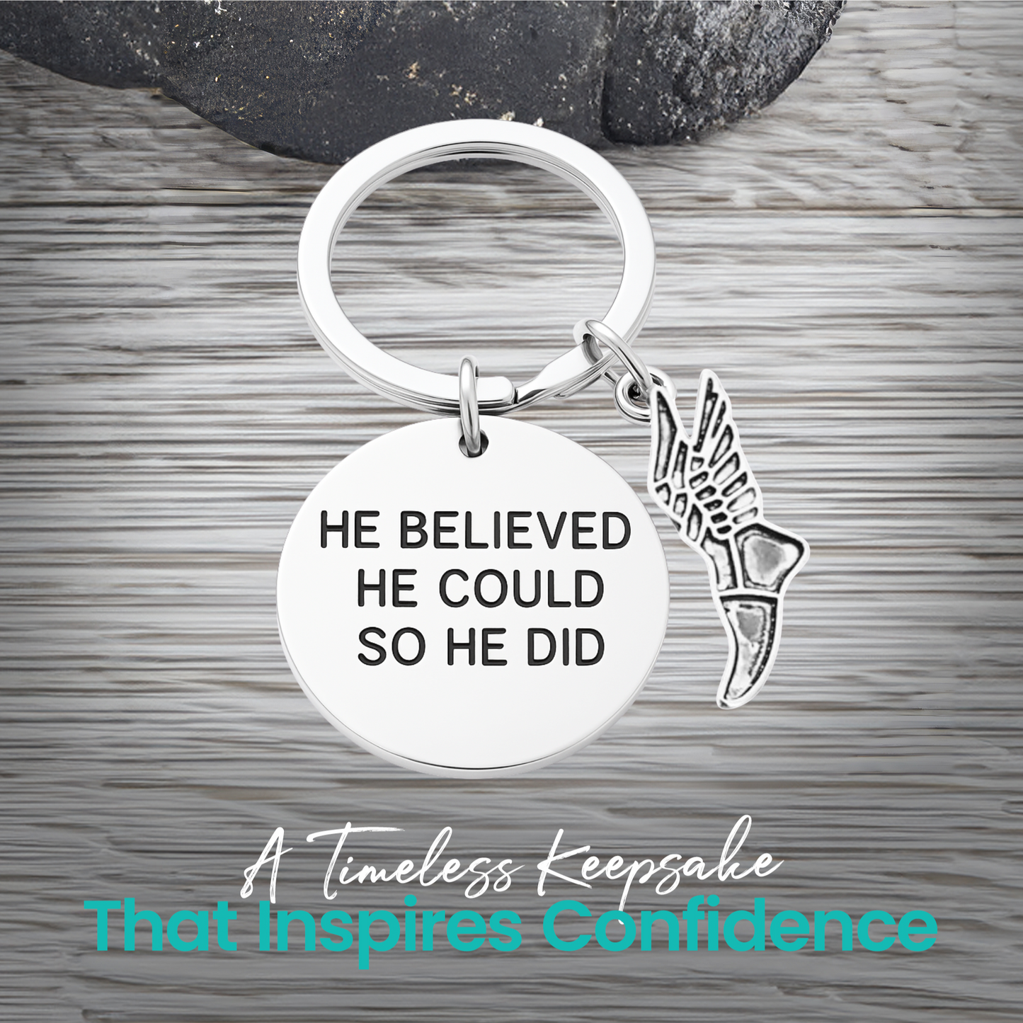 He Believed He Could So He Did track and field keychain with silver running shoe charm