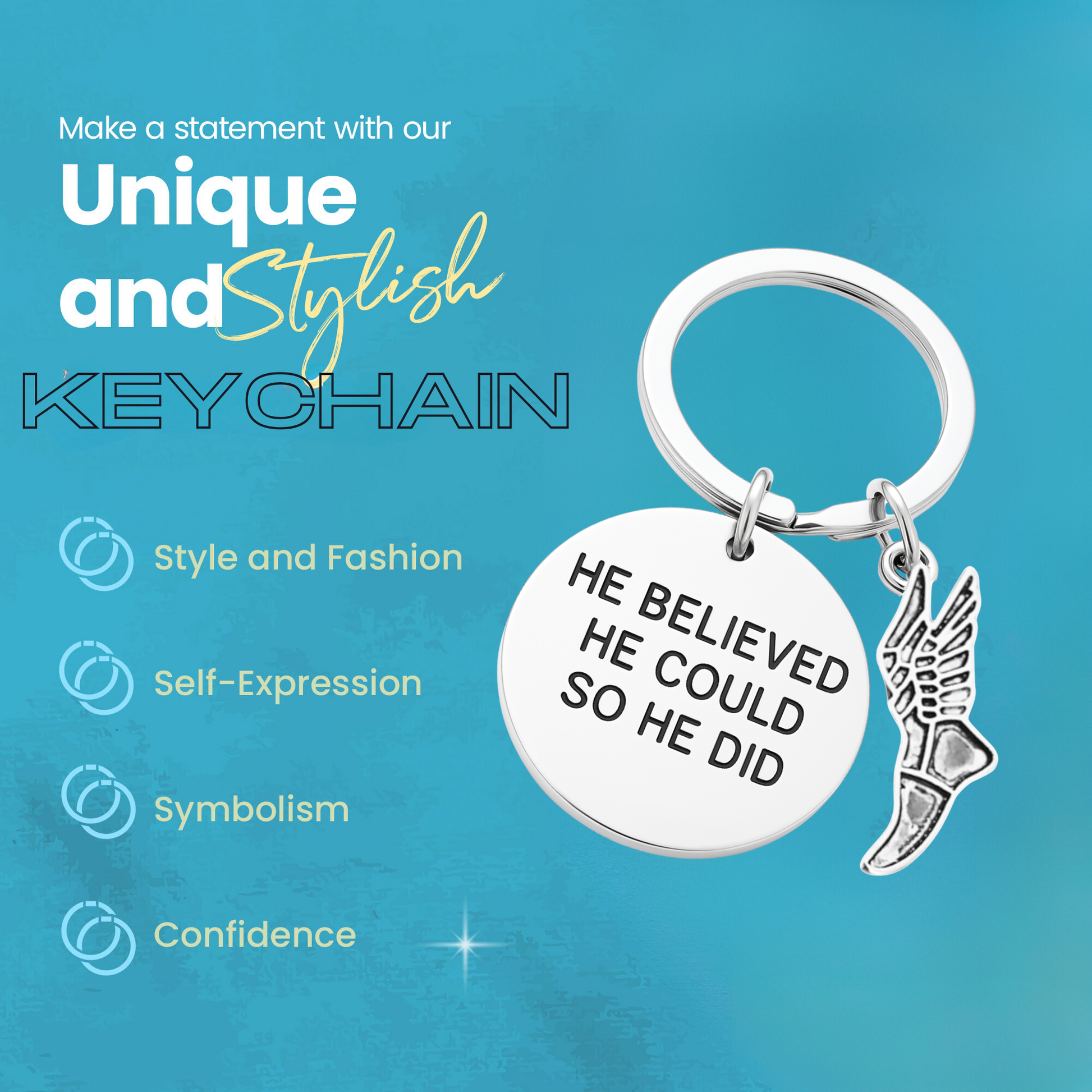 Track and field keychain with motivational charm and running shoe displayed with product features