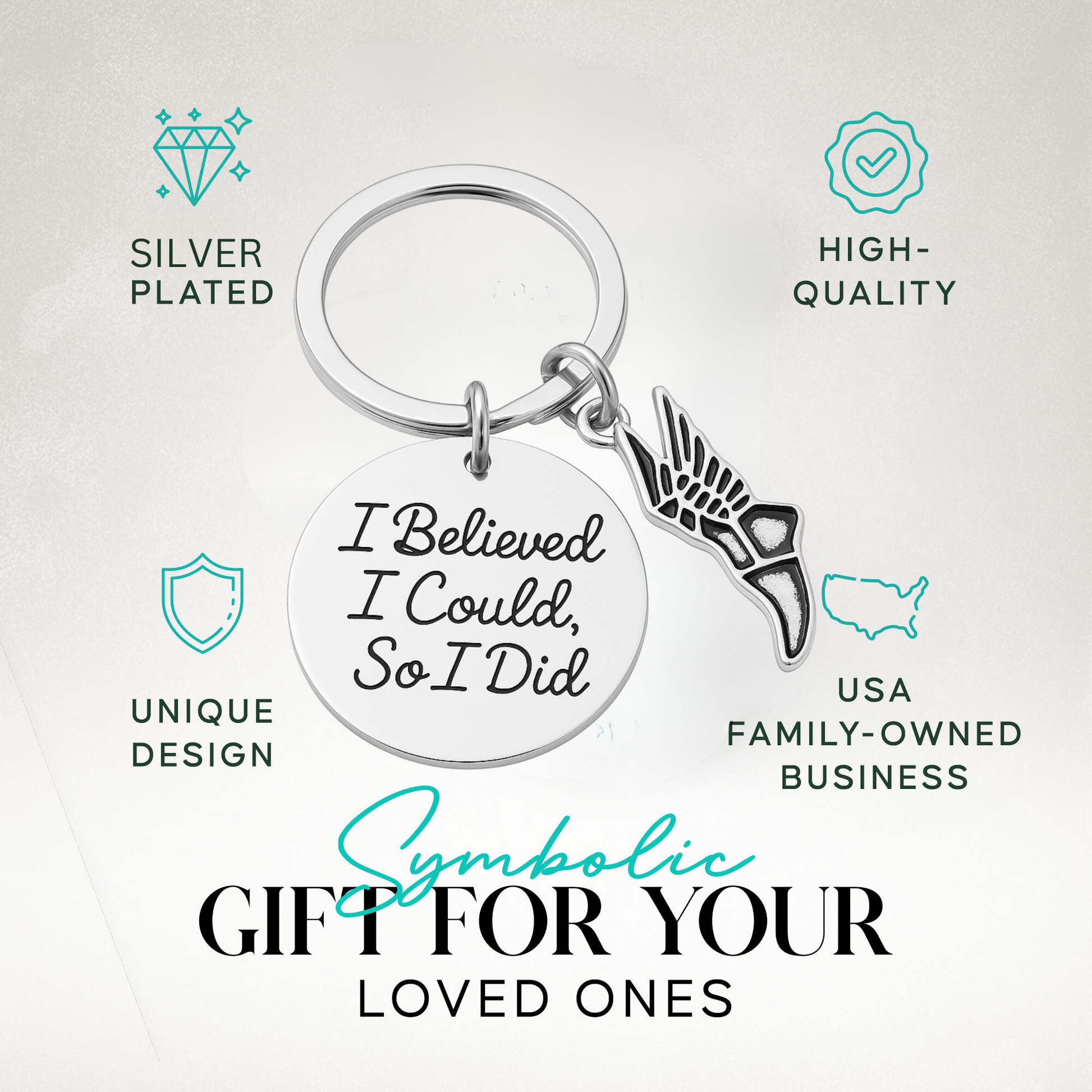 Track and field motivational keychain in Sportybella gift-ready packaging