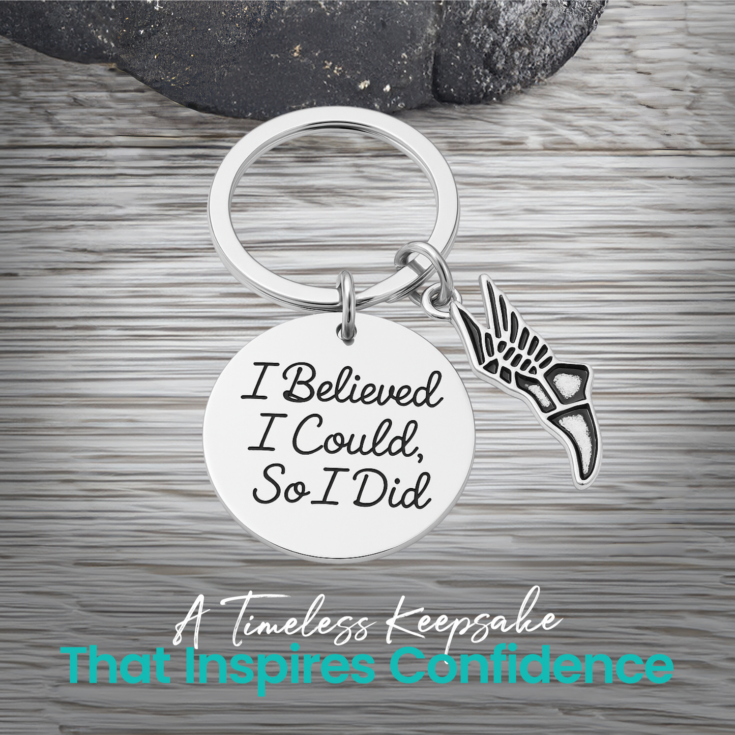 I Believed I Could So I Did track and field keychain with silver running shoe charm