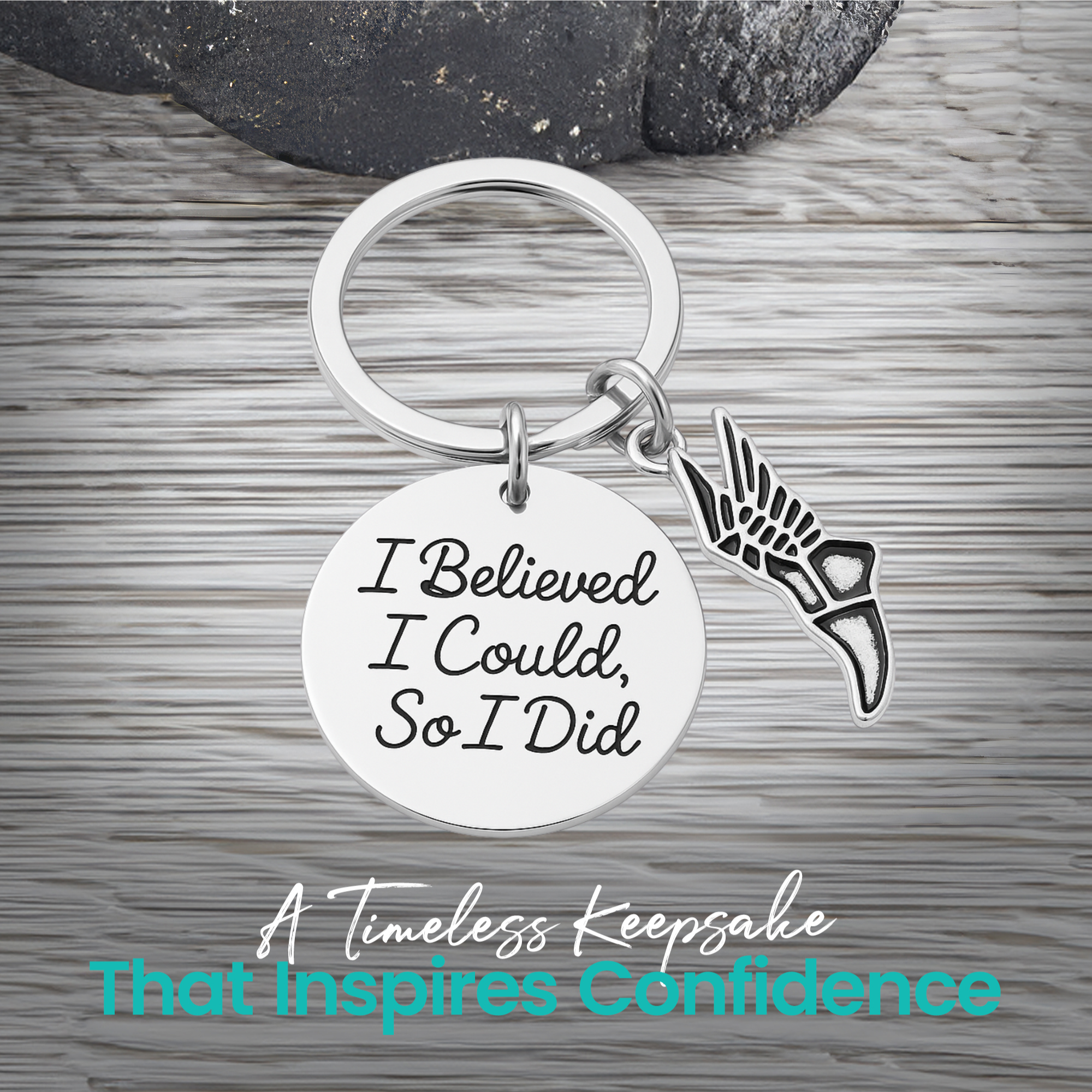 I Believed I Could So I Did track and field keychain with silver running shoe charm