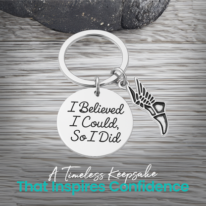 I Believed I Could So I Did track and field keychain with silver running shoe charm