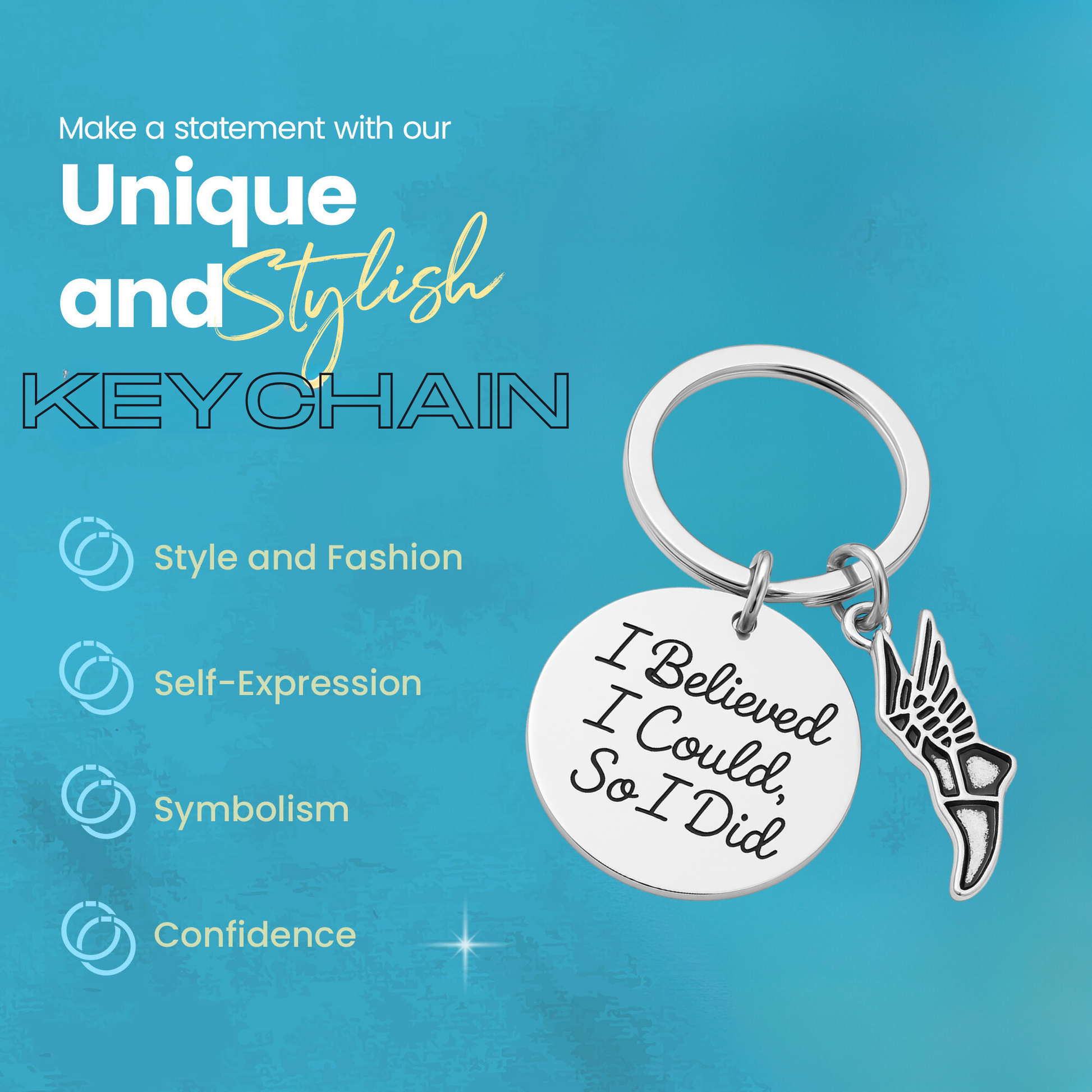 Track and field keychain with inspirational charm and running shoe displayed with product features