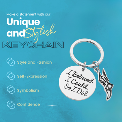Track and field keychain with inspirational charm and running shoe displayed with product features