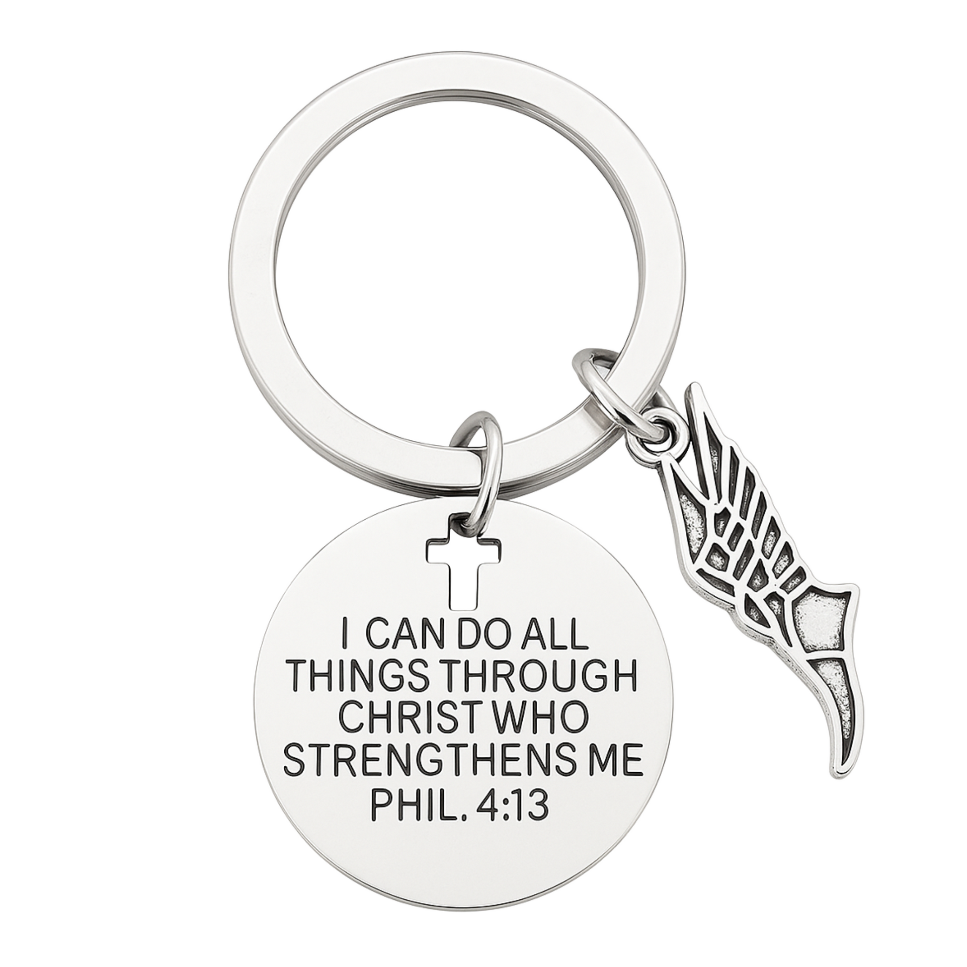 Track and field keychain with Bible verse Philippians 4:13 and silver wing charm, Christian gift for runners.