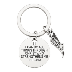 Track and field keychain with Bible verse Philippians 4:13 and silver wing charm, Christian gift for runners.