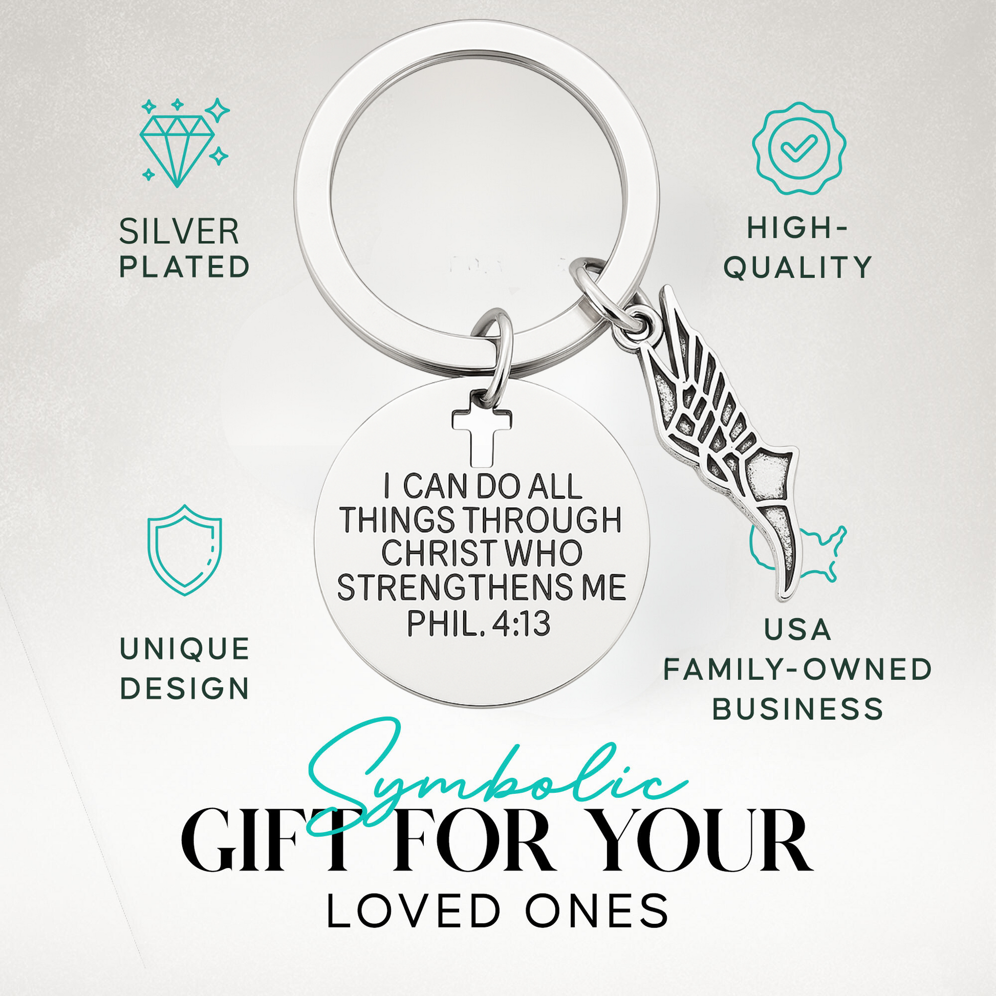 Christian runner keychain with "I Can Do All Things Through Christ" charm and silver wing pendant