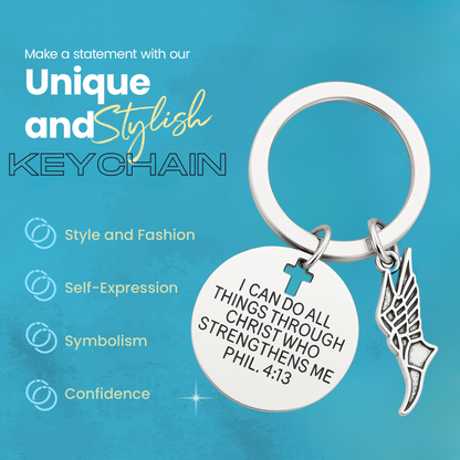 Philippians 4:13 motivational keychain with winged shoe charm, perfect gift for sprinters and track stars