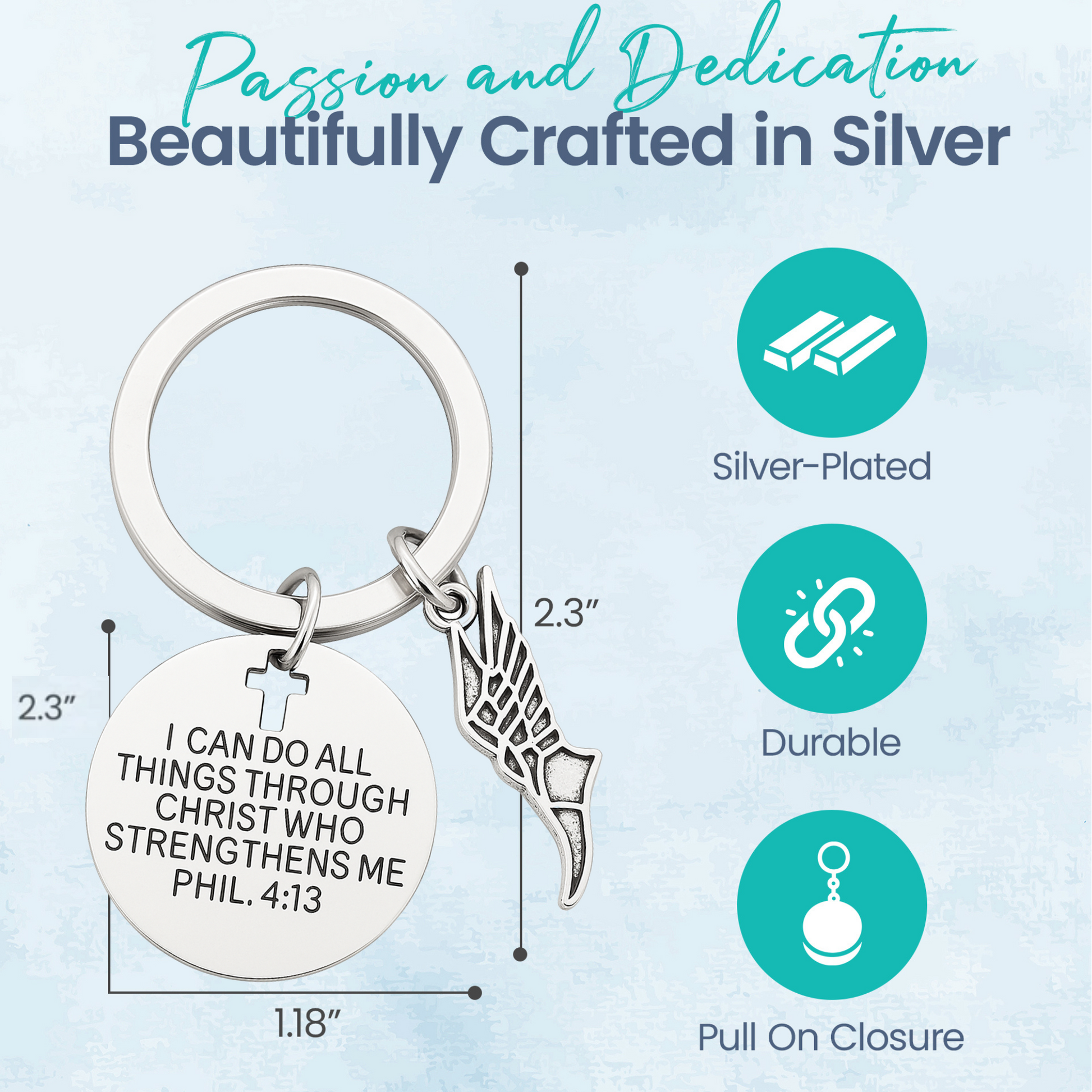Faith-based running keychain featuring silver disc engraved with scripture and detailed track and field wing charm