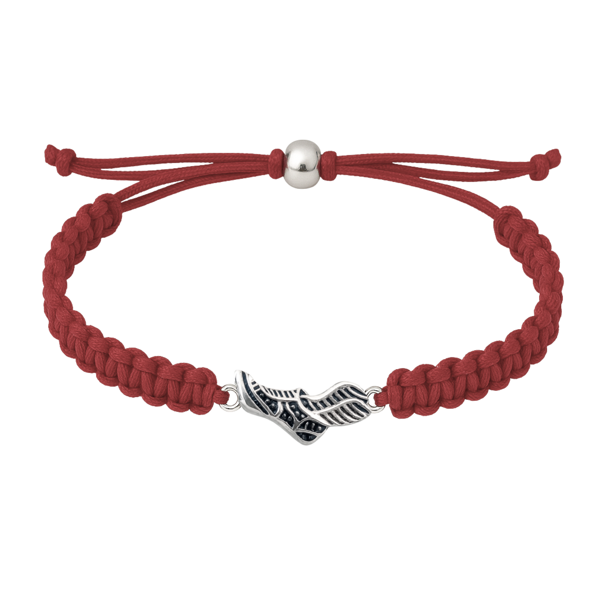 Maroon rope bracelet with sneaker charm positioned in center