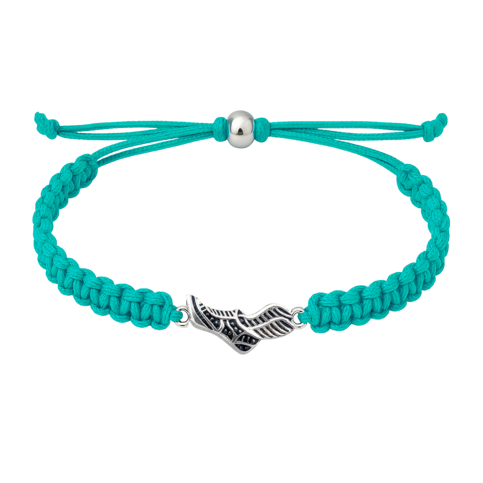 Teal blue rope bracelet featuring silver-tone sneaker charm