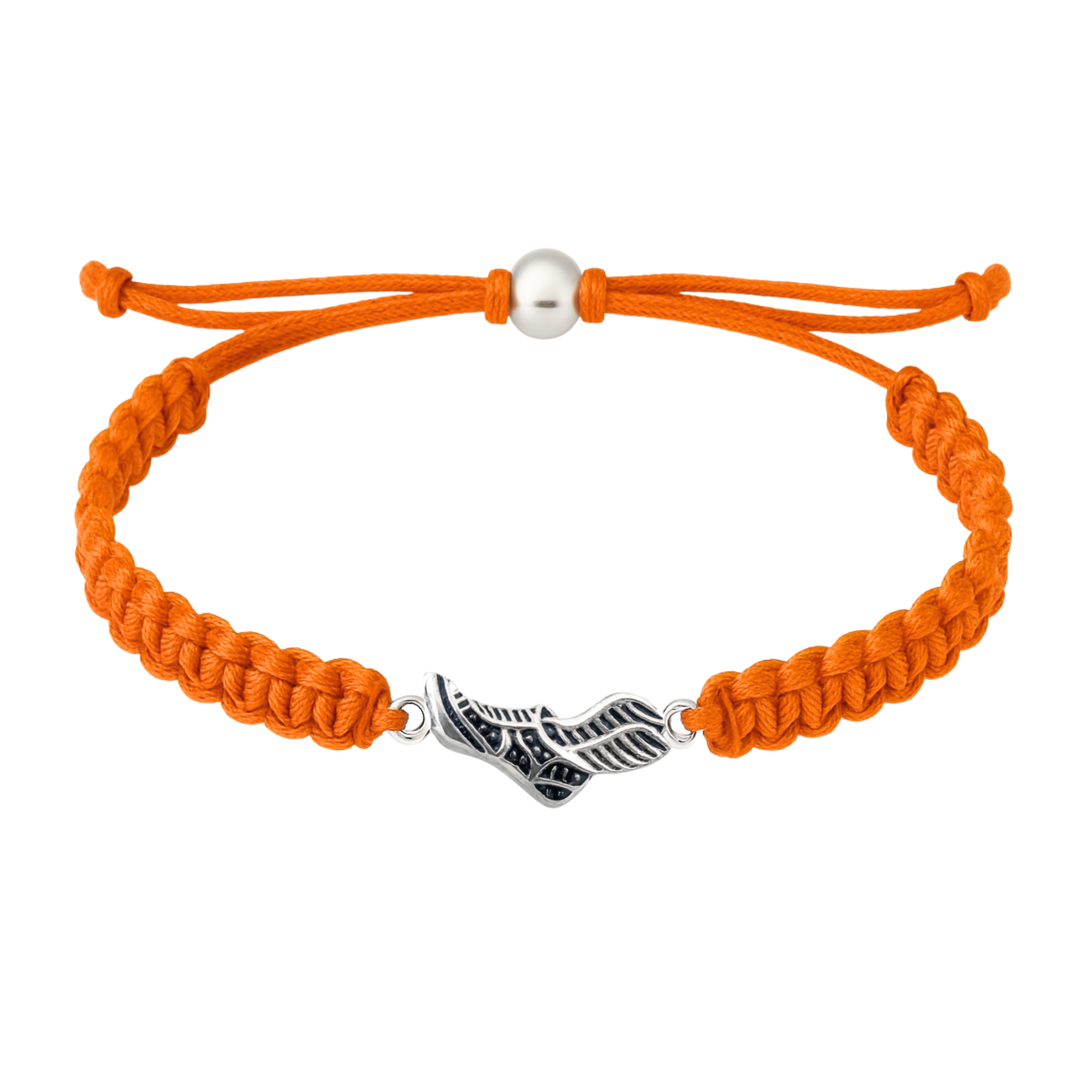 Orange rope bracelet with silver sneaker charm, neatly laid out