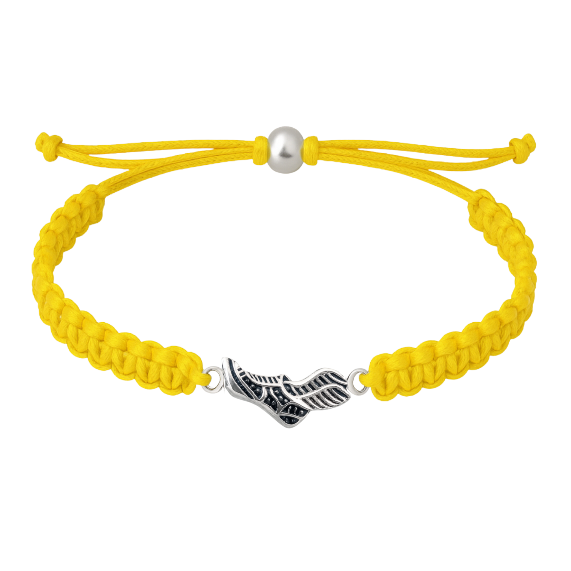 Yellow rope bracelet displaying a silver sneaker charm in the center