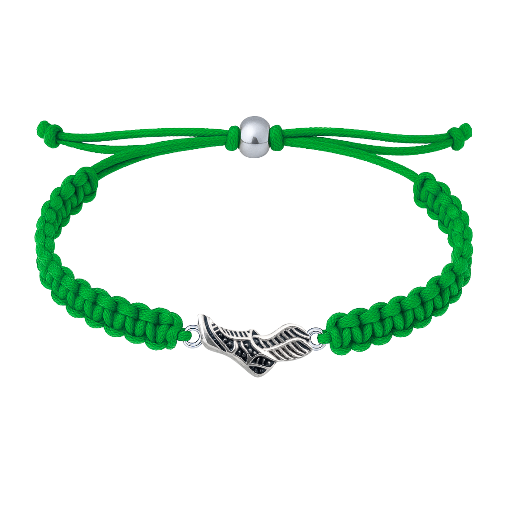 Green braided rope bracelet with a silver-plated sneaker charm, displayed on white background