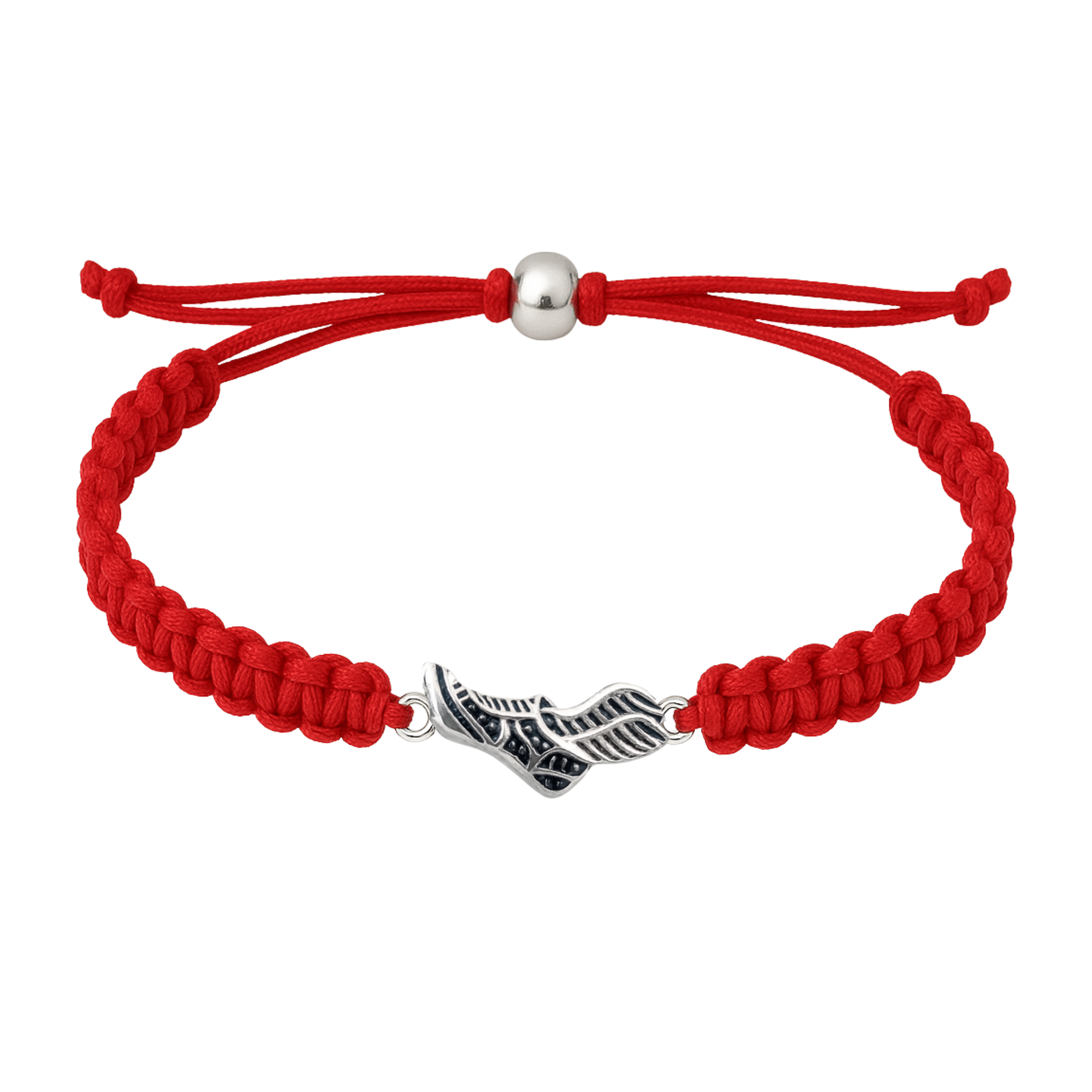 Red rope bracelet featuring a silver-plated sneaker charm