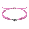 Pink braided bracelet with silver sneaker charm on white background