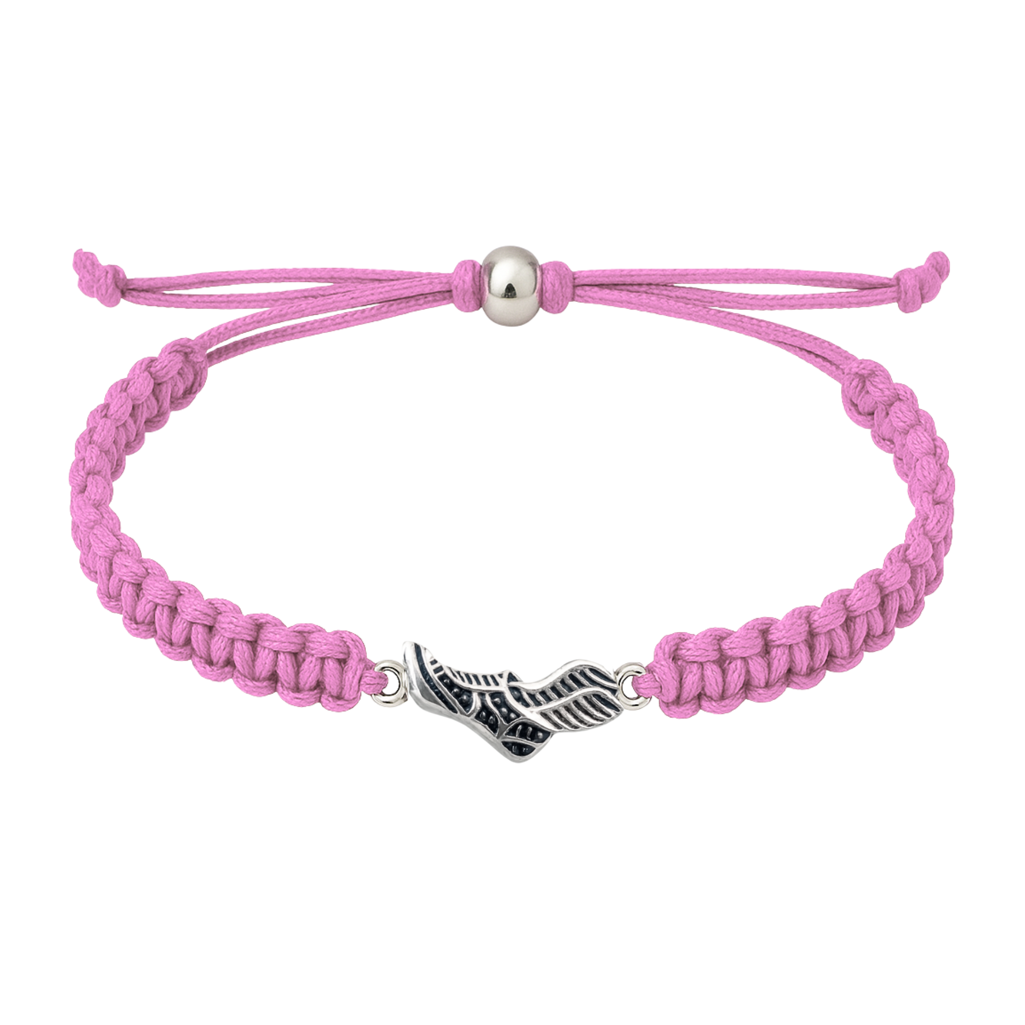 Pink braided bracelet with silver sneaker charm on white background