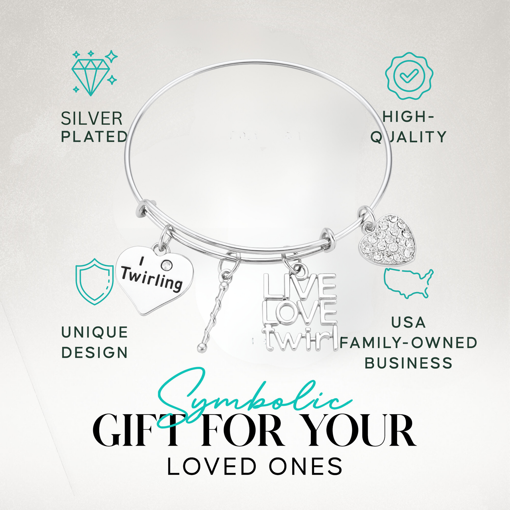 Adjustable baton twirler charm bracelet on presentation gift card