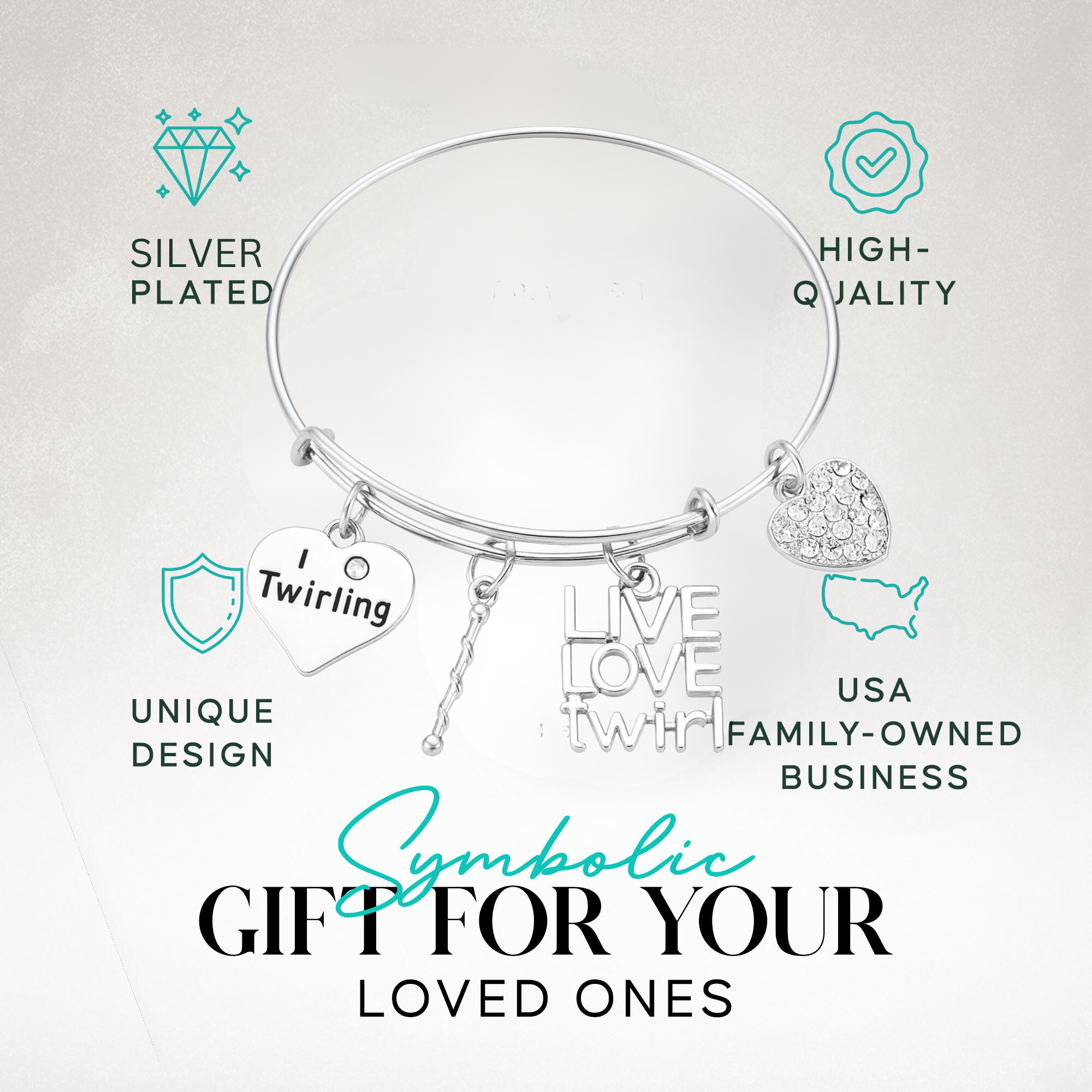 Adjustable baton twirler charm bracelet on presentation gift card