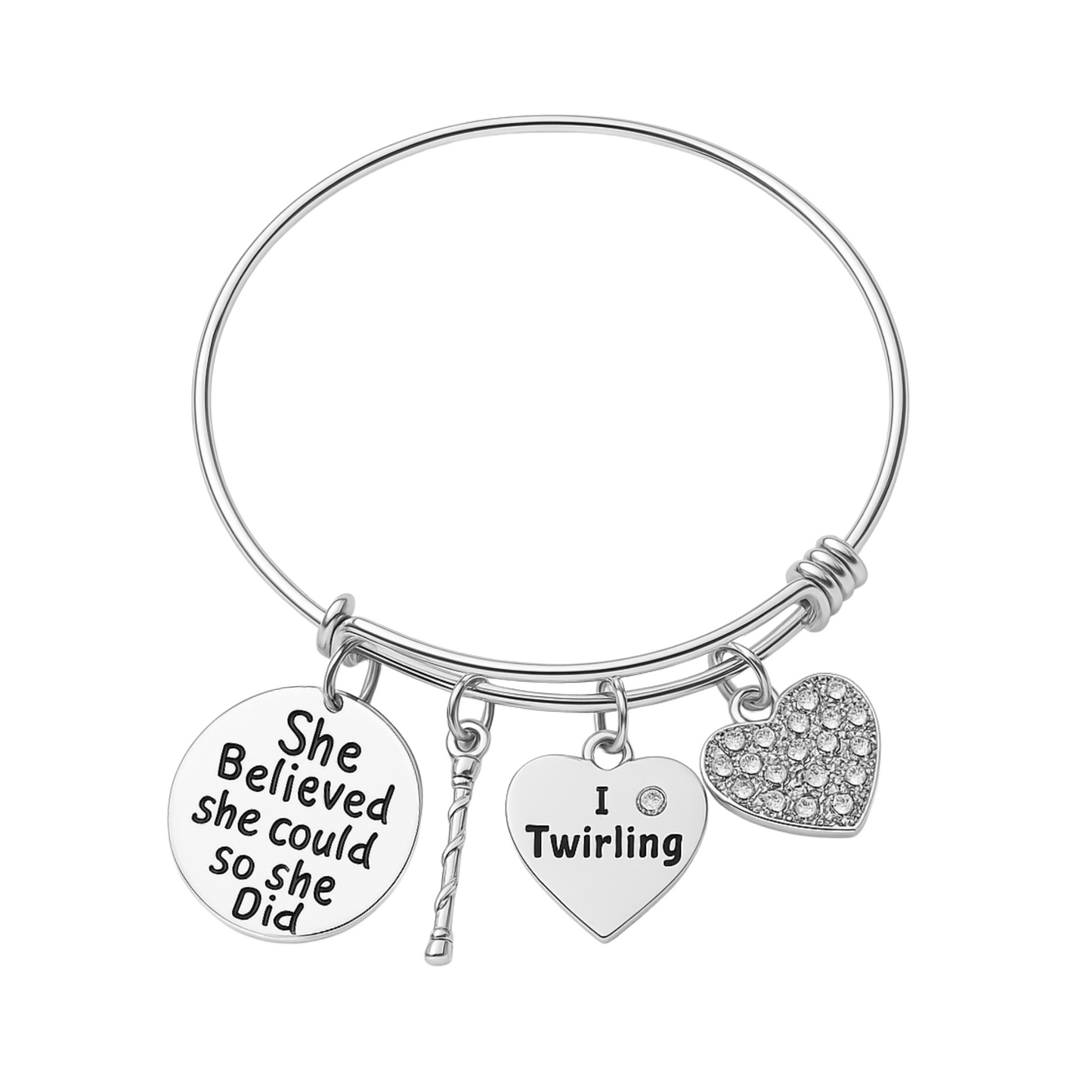 Silver adjustable bangle bracelet with twirling-themed charms including "She Believed She Could So She Did" and heart shapes