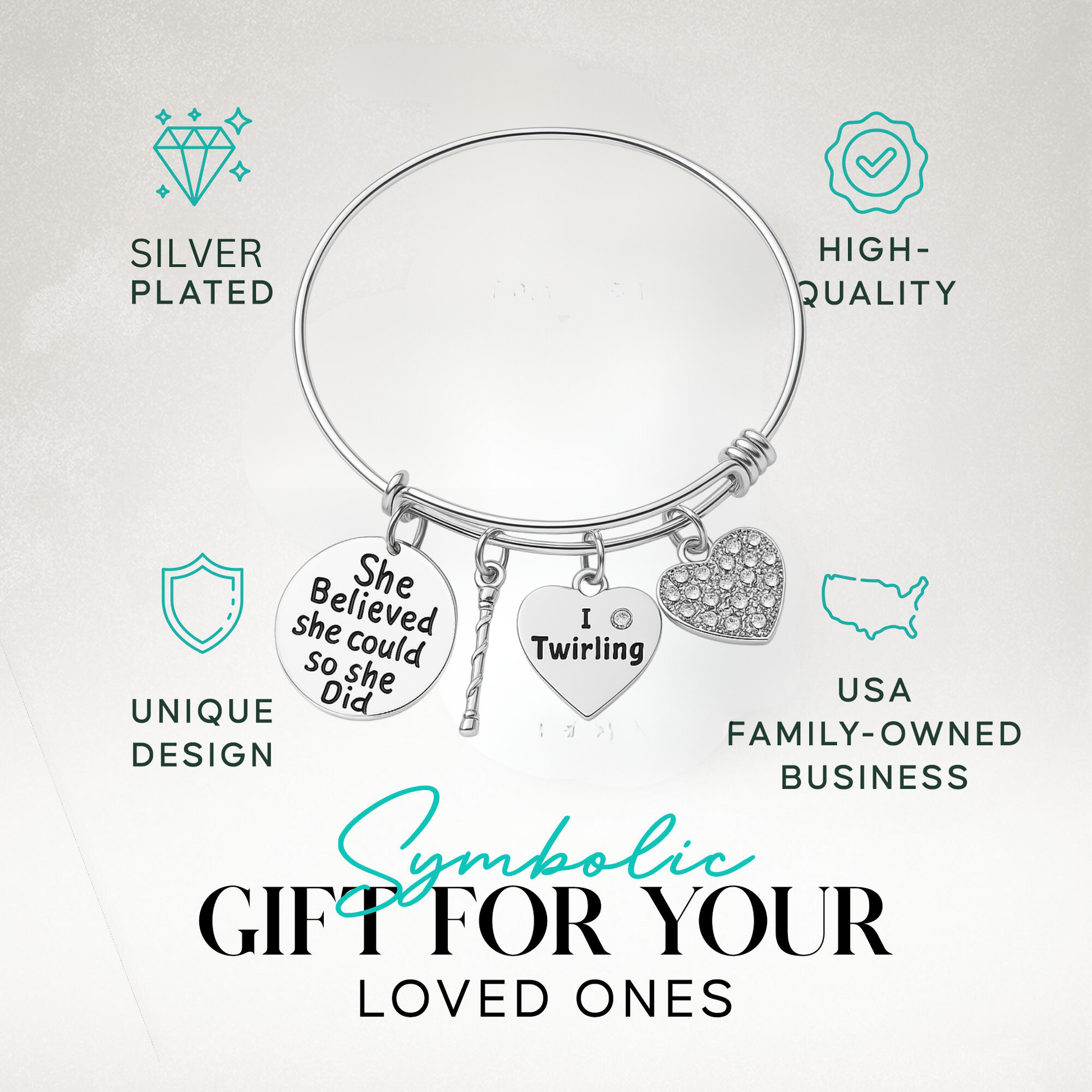  Gift-ready twirling bracelet with motivational charm sayings, shown with icons for hypoallergenic and quality design