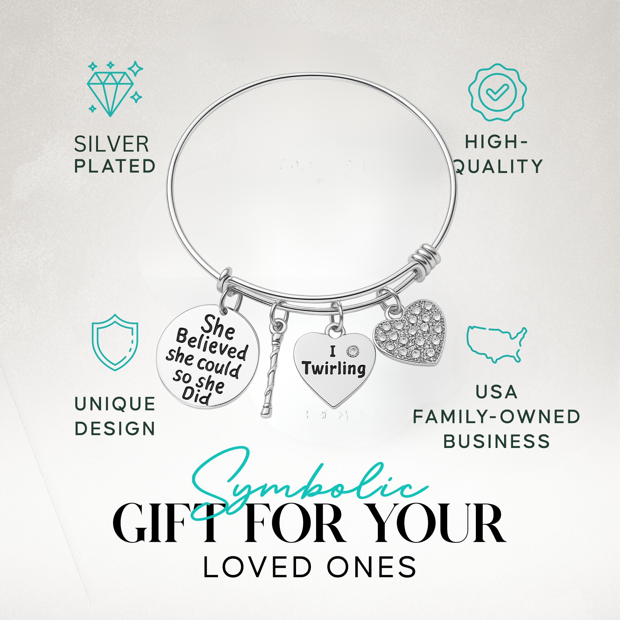  Gift-ready twirling bracelet with motivational charm sayings, shown with icons for hypoallergenic and quality design