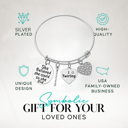  Gift-ready twirling bracelet with motivational charm sayings, shown with icons for hypoallergenic and quality design