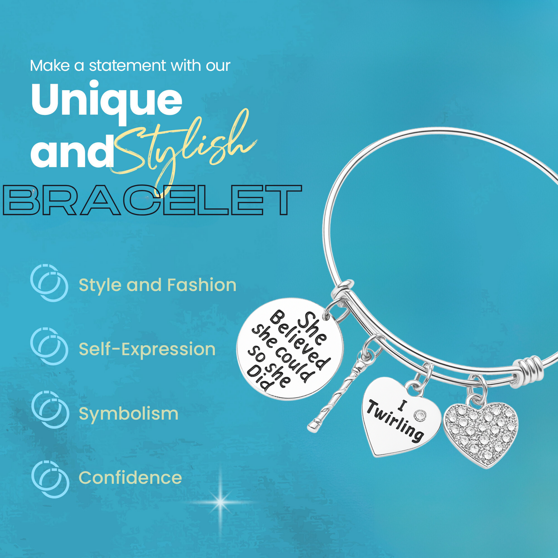 SportyBella branded image of twirling bracelet showing product features like adjustable fit and unique design