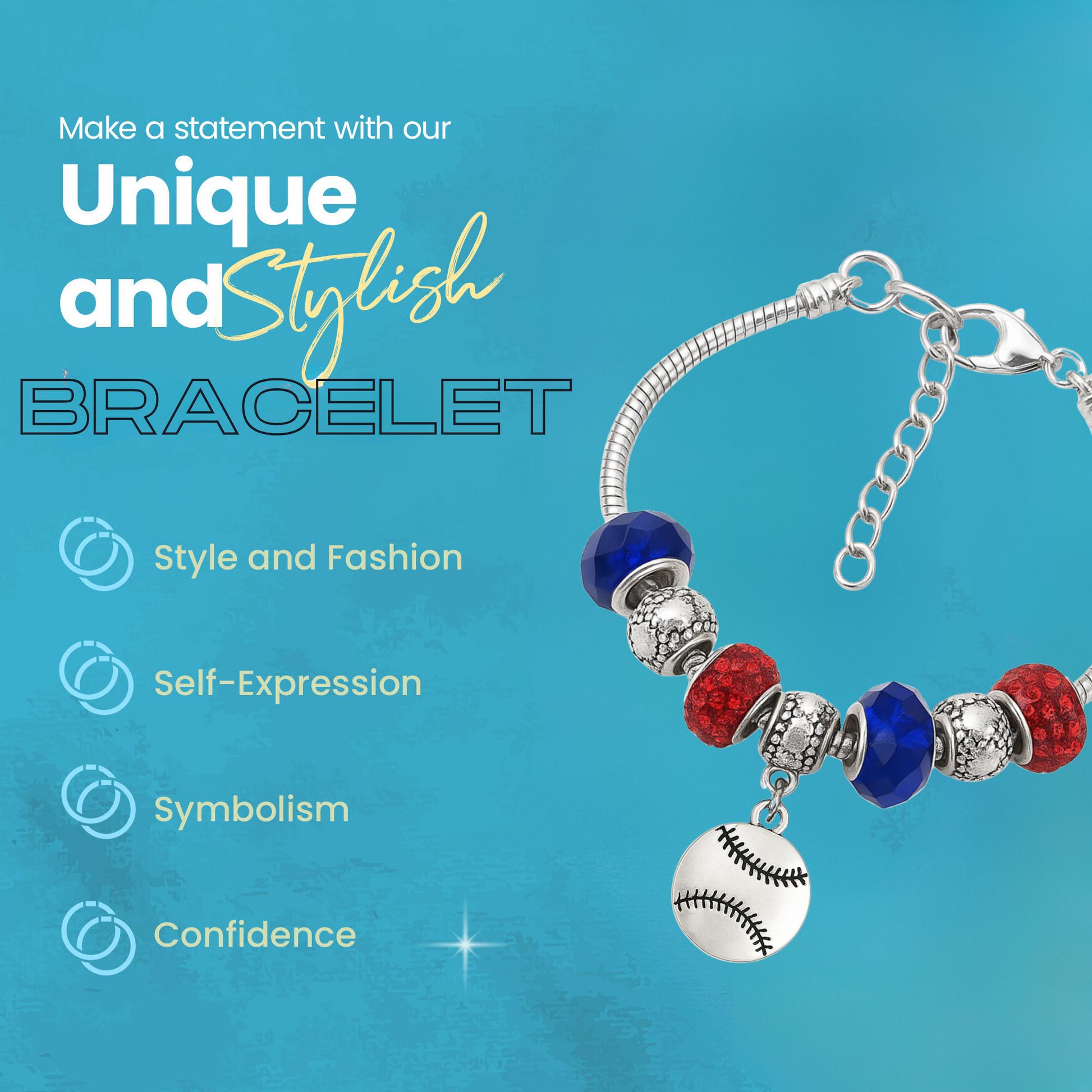 Customizable softball beaded bracelet with silver-plated chain and charm