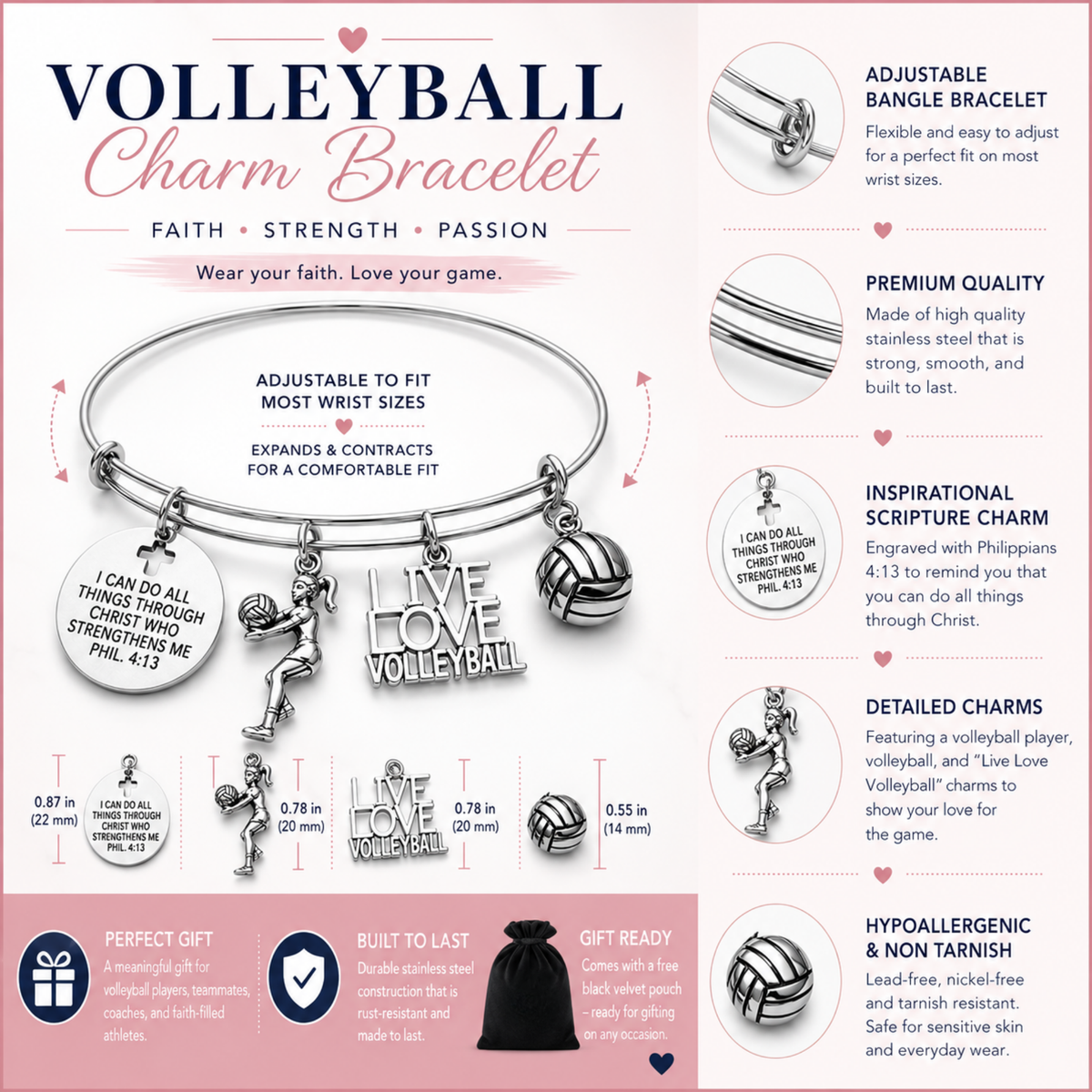 Volleyball Bracelet, I Can Do All Things Through Christ Who Strengthens Me Phil. 4:13 Scripture Jewelry