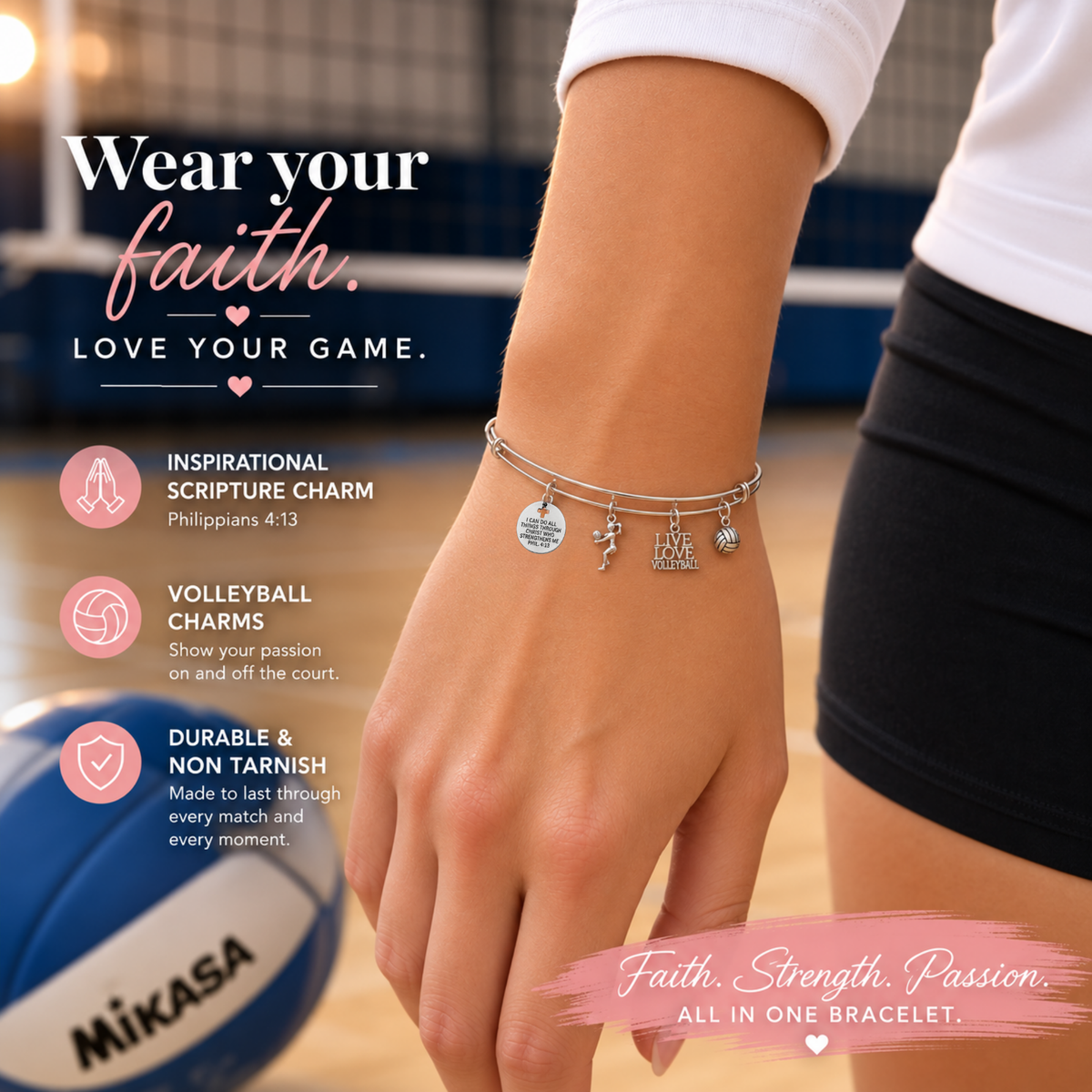 Volleyball Bracelet, I Can Do All Things Through Christ Who Strengthens Me Phil. 4:13 Scripture Jewelry