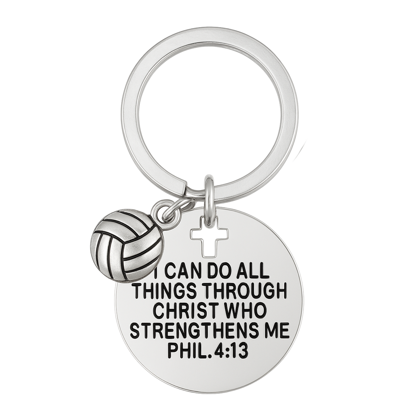 Christian volleyball keychain with Philippians 4:13 Bible verse and silver volleyball charm, inspirational gift for athletes.
