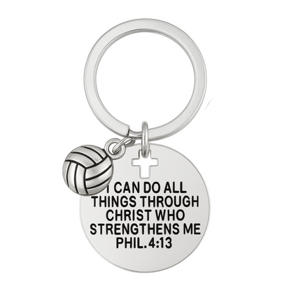 Christian volleyball keychain with Philippians 4:13 Bible verse and silver volleyball charm, inspirational gift for athletes.