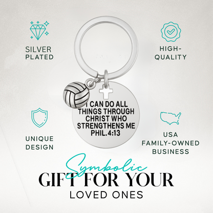 Faith and sports themed volleyball keychain with cross cutout and motivational scripture charm for team gifts.