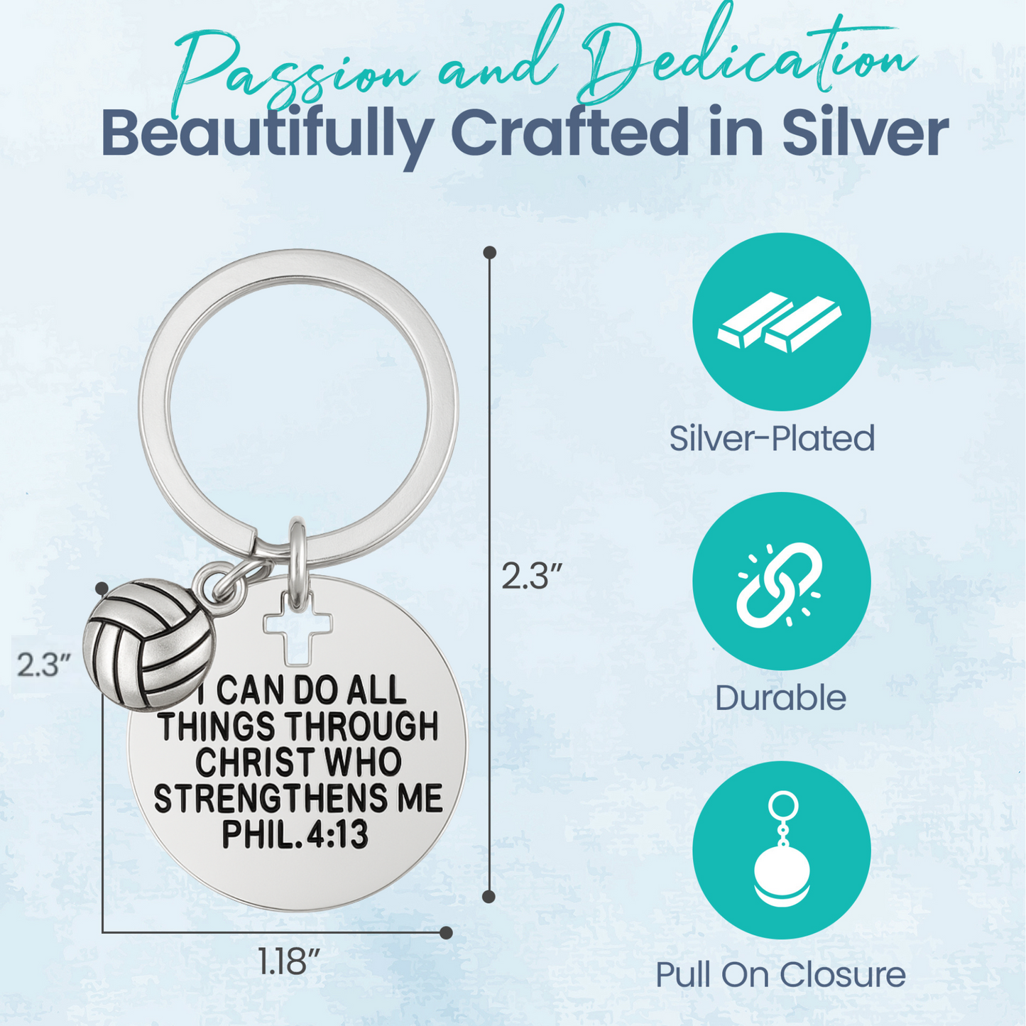 Christian volleyball player gift keychain with LOVE, ball, and engraved scripture: "I Can Do All Things Through Christ