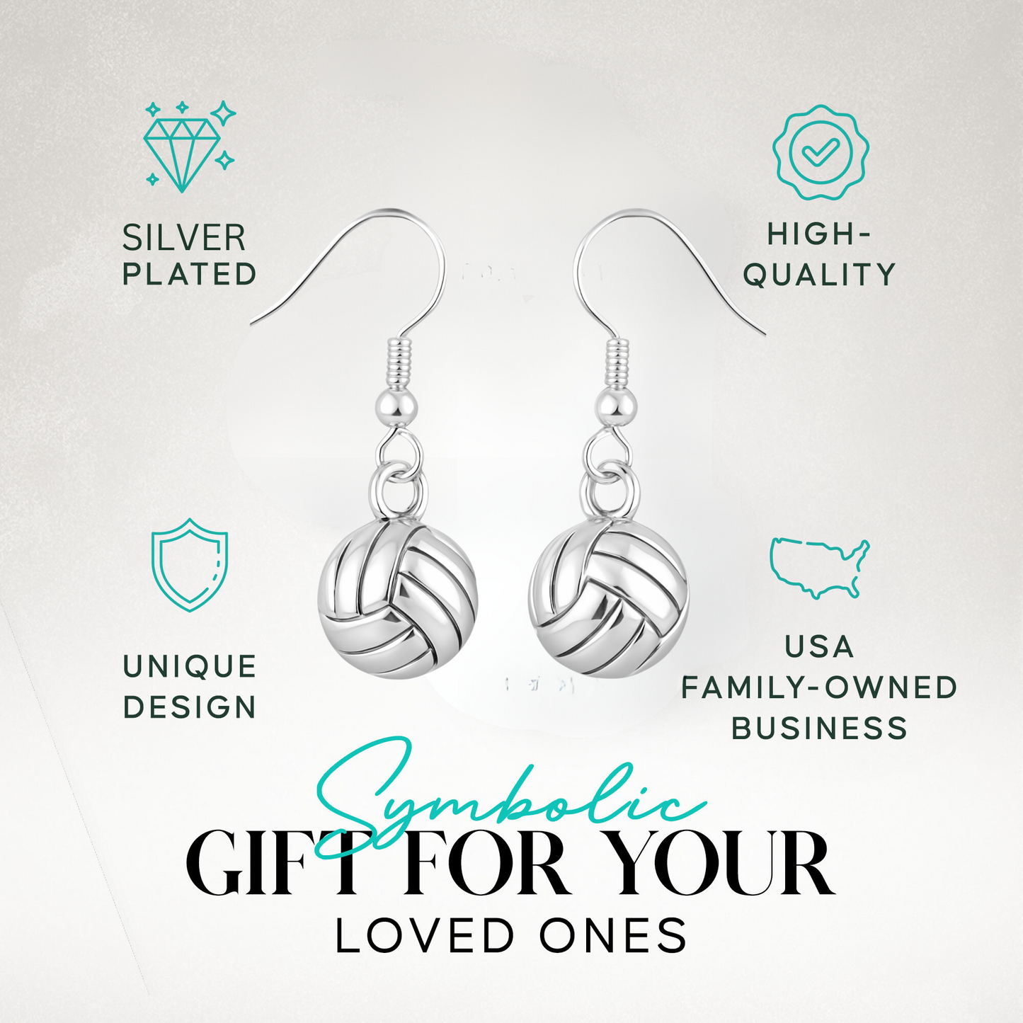 Volleyball charm earrings shown with text highlighting perfect gift idea