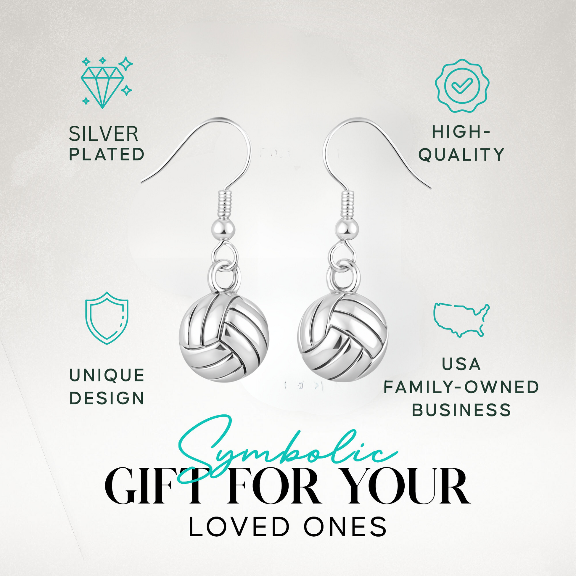 Volleyball charm earrings shown with text highlighting perfect gift idea