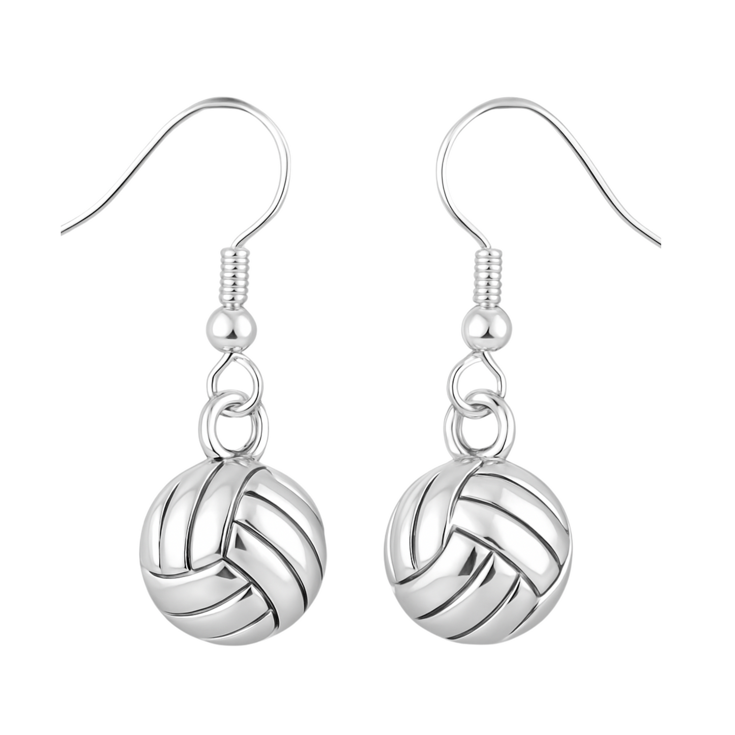 Silver volleyball dangle earrings with french hook design and high polish finish