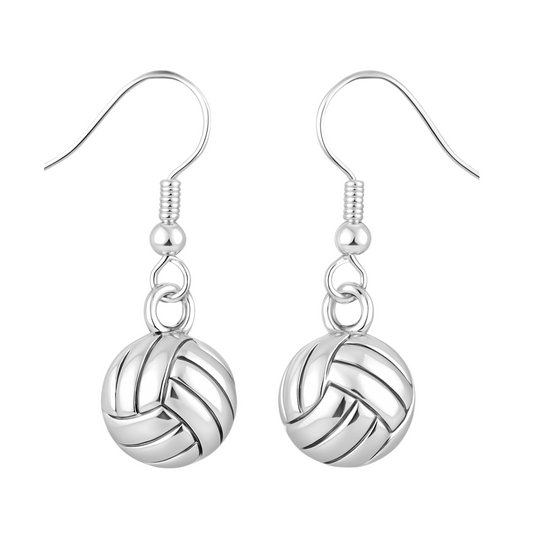 Silver volleyball dangle earrings with french hook design and high polish finish